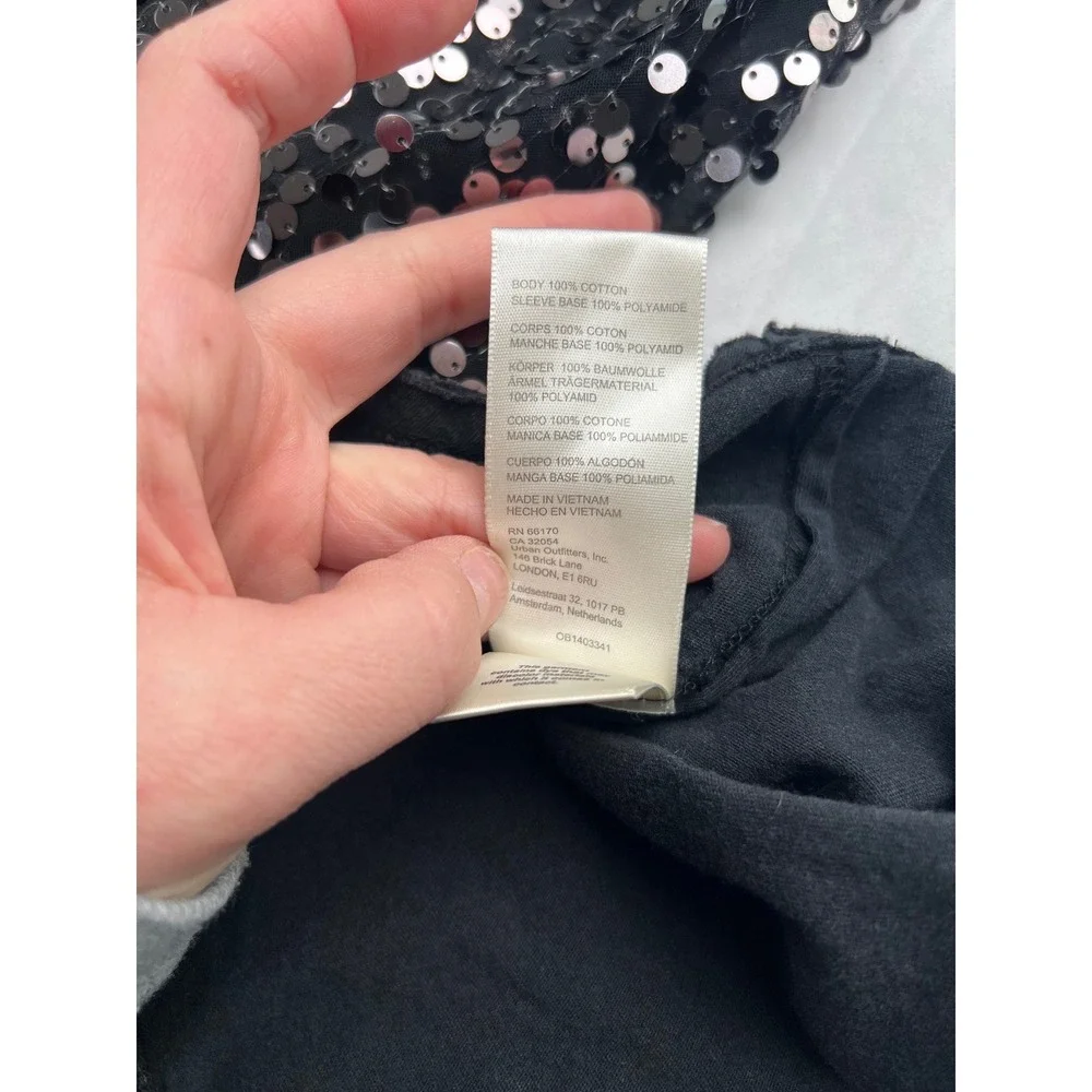 Free People Celine Sequin Sleeve Tee Charcoal Grey Washed Cotton Top OB1403341 M - Picture 7 of 9